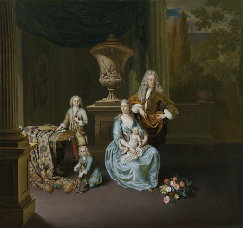 Diederik Baron van Leyden van Vlaardingen (1695-1764), burgemeester van Leiden, met zijn echtgenote Sophia Dina de Rovere en hun zonen Pieter, Jan en Adriaan Pompejus, door Willem van Mieris (1728). Rijksmuseum Amsterdam.