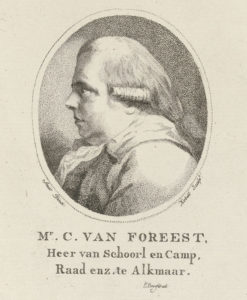 Portretbuste in profiel van Cornelis van Foreest, heer van Schoorl, Groet en Kamp. Hij draagt een staartpruik en een sjaal. Stippelgravure en ets, door Jan Kobell. Rijksmuseum Amsterdam.