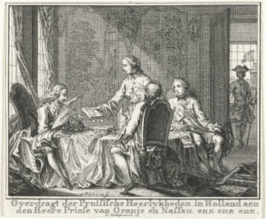 Overdragt der Pruisische Heerlykheden in Holland aen den Heere Prinse van Oranje en Nassau, door Simon Fokke, 1754 (ets en gravure; Rijksmuseum, Amsterdam)