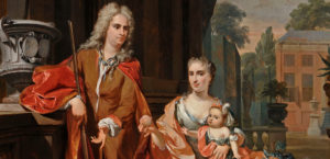 Portret van Johan Diederik Pompe van Meerdervoort (1697-1749) zijn nicht en echtgenote Johanna Alida Pompe van Meerdervoort (1691-1744) en hun dochter Maria Christina (1723-1781), door Nicolaas Verkolje, 1724 (paneel; Dordrecht, Dordrechts Museum, schenking Vrijwilligers Dordrechts Museum 2007). Op de achtergrond is het huis Meerdervoort (bij Zwijndrecht) afgebeeld.